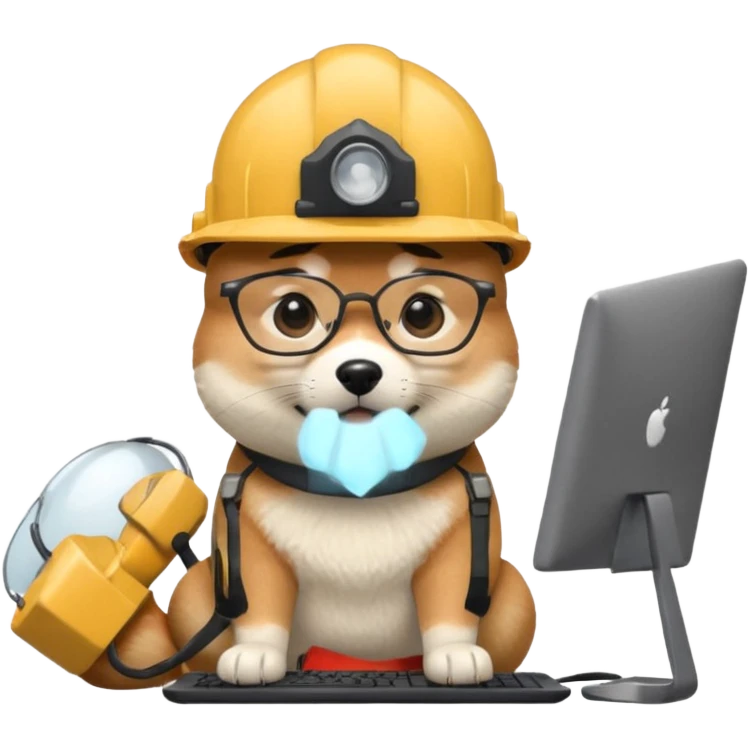 shiba inu with eye glasses and computer wearing a hard hat emoji