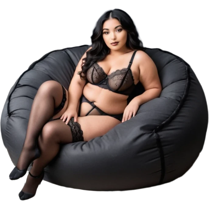 Curvy woman with brown skin with long wavy black hair, dark brown eyes. She's wearing a black lace lingerie, black lace thong, black stockings and suspender belt, she's sat on a big dark grey bean bag chair with her legs open and feet on the floor. She has her hands on the back of her head emoji