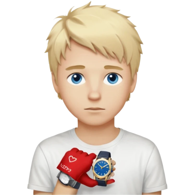 create boy blonde hair long messy, light eyes, white t shirt, rich, long hair, eyes blue, acessory rolex or cartier emoji