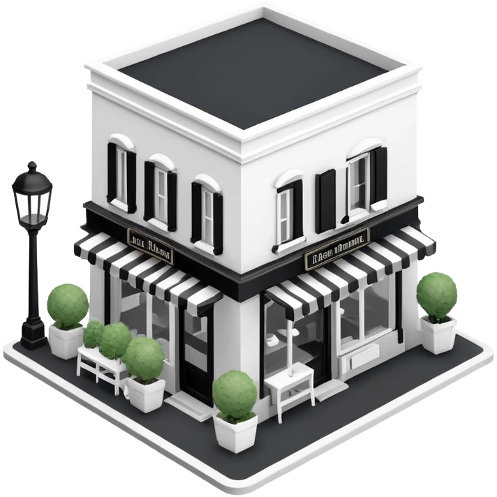 Isometric exterior little black and white French restaurant dollhouse style 3D realistic  emoji