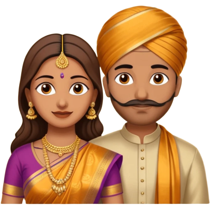 Brown colored South Indian Husband with wheatish colored South Indian wife where Husband does not wear a turban and wife wears a Silk Saree emoji