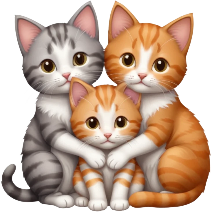 3 kittens cuddling together all different colours, the first one is grey and white, the second is ginger and white and the third is brown tabby and white emoji