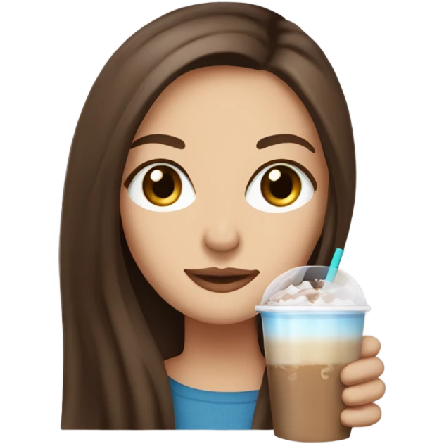 Beautiful woman, long straight brown hair, blue eyes, holding an iced latte emoji