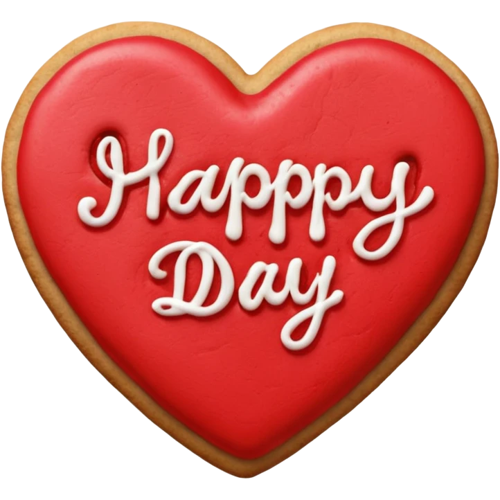 Heart-shaped cookie with red icing emoji, write 'happy valentine's day' on top of the red icing in white icing emoji