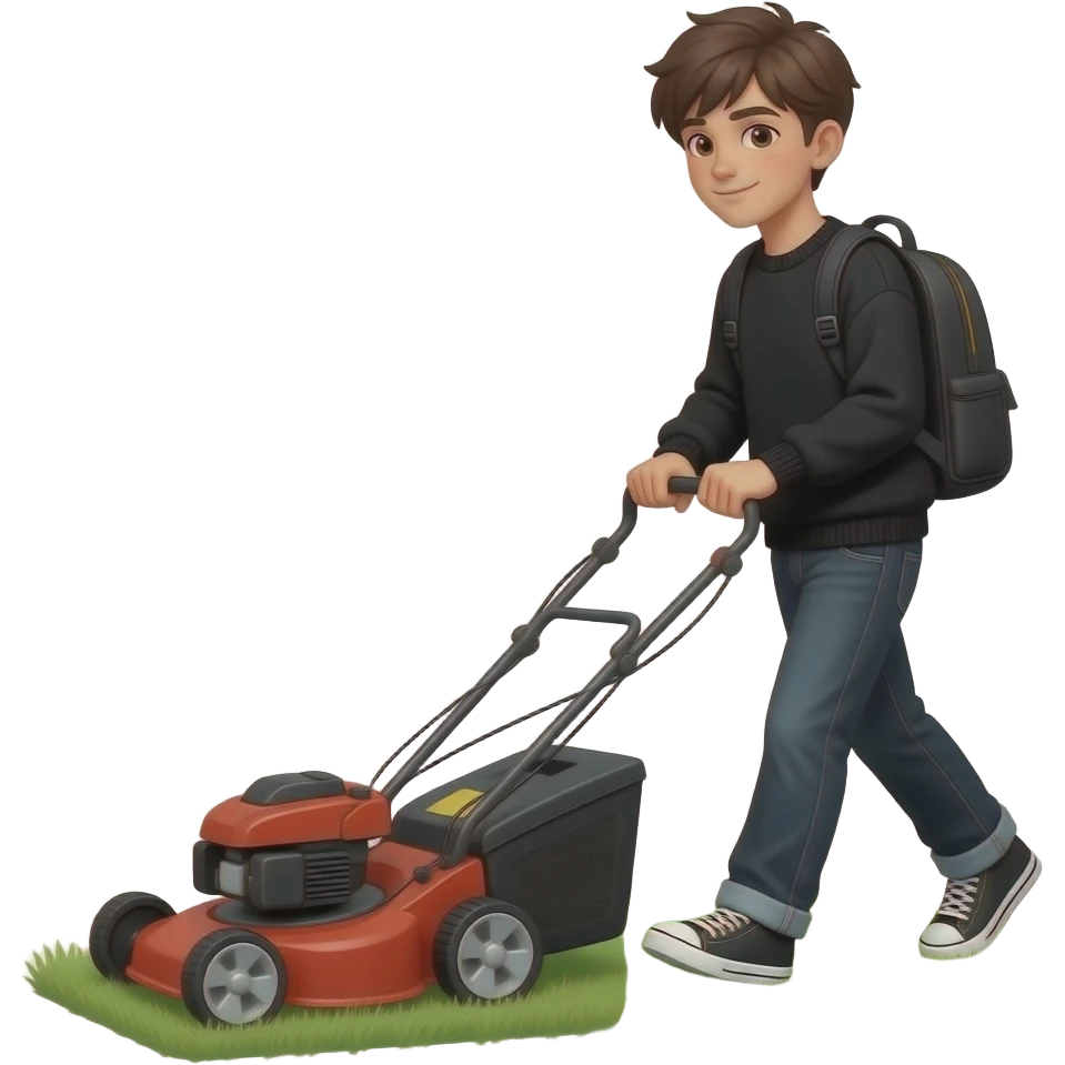 black loose-fitting jeans, black loose-fitting sweater, black backpack, Gen Z boy mowing the lawn with a lawn mower emoji