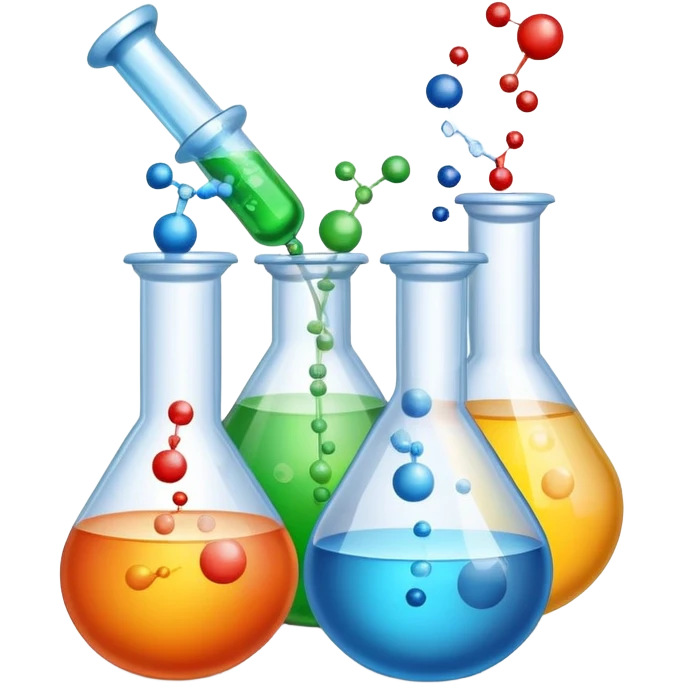 An icon featuring chemical flasks with tubes, representing hydrolysis, along with liquids, powders, and chemical formulas. The design includes molecules and reaction symbols, symbolizing the study of chemical processes and compounds. Transparent background highlights the science of reactions. emoji