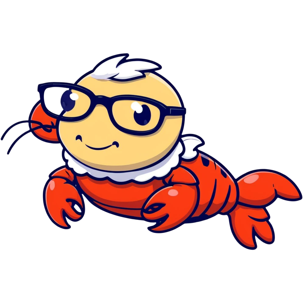 senior lobster with white hair and glasses, elderly lobster character with white eyebrows and whiskers, wearing round glasses emoji