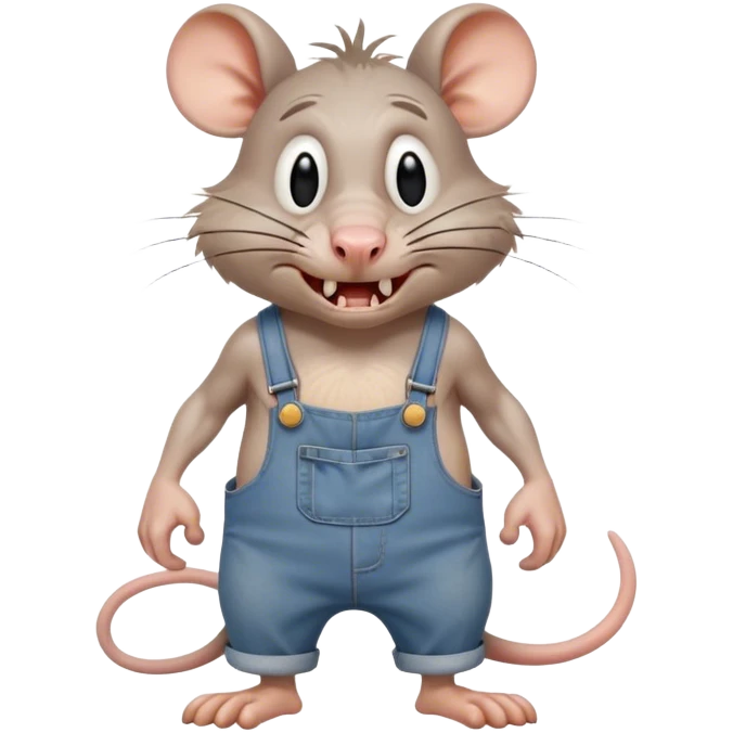  depressed disheveled dizzy cartoon hillbilly rat wearing overalls no shirt. standing and talking full body. human eyes. teeth showing talking. walking talking moving arms. angry expression sad emoji