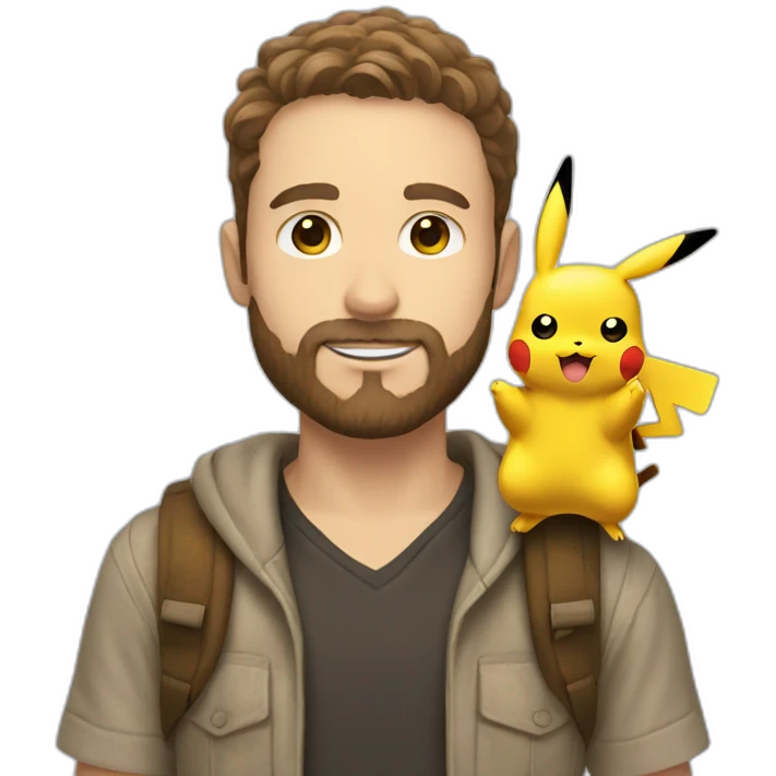 white man with brown hair and beard holding a pikachu pokemon emoji