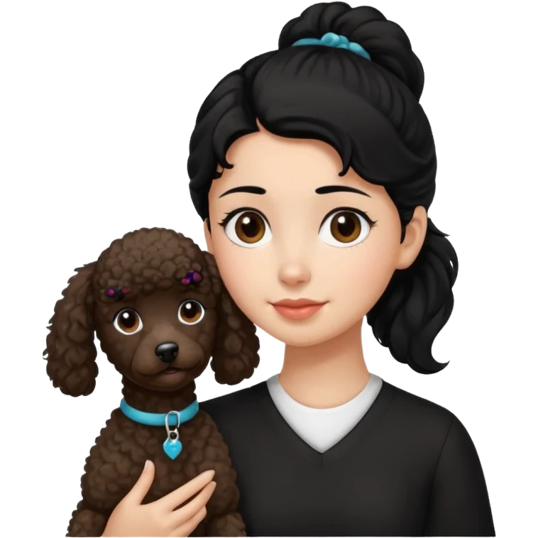 Ponytail black hair girl with brown Poodle say goodbye  emoji