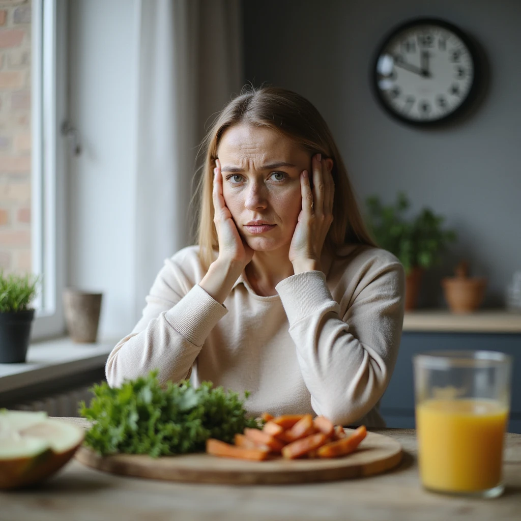 adult woman, photorealistic, diet stuck, sitting at table with healthy food, large clock in background indicating passing time, expression of waiting and frustration, natural light, kitchen background emoji
