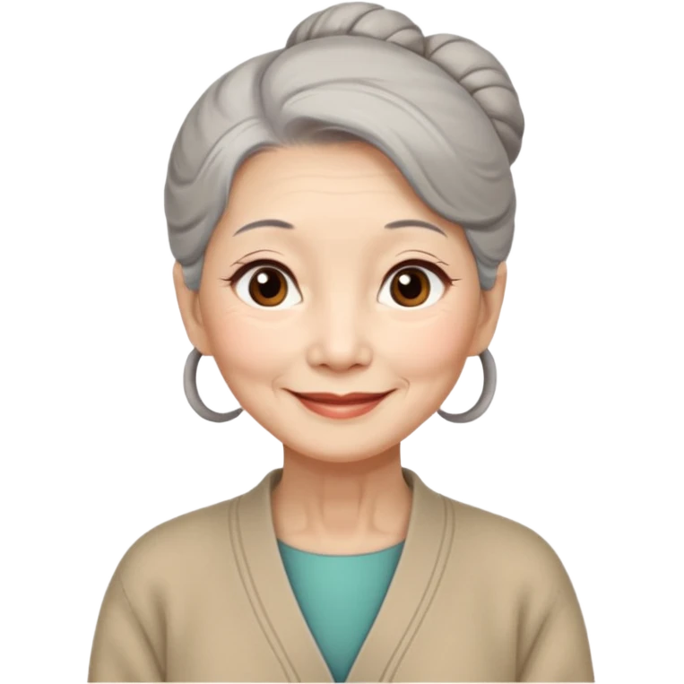 Chinese woman 76 years old, gentle wise expression, gray hair in bun, brown eyes, traditional beige cardigan emoji