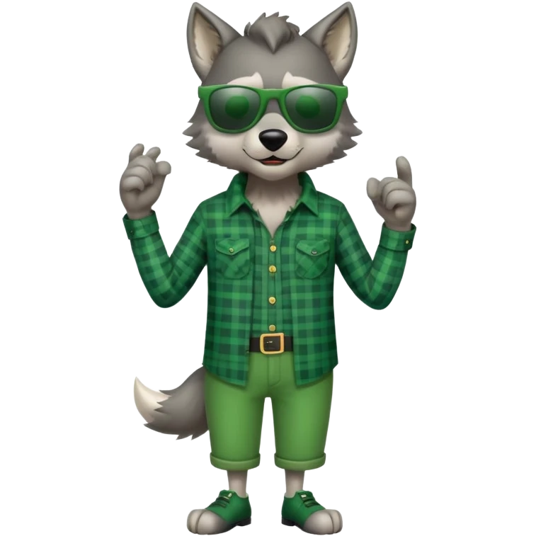 full-body friendly anthropomorphised wolf in green plaid shirt and green attire for St. Patrick's Day, wearing dark sunglasses, upright pose emoji