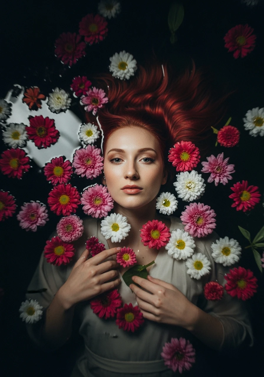 Camera drom top, Motion blur Extreme Closeup photo of a beautifull woman lay around beautifull colorfull flowers in water, cinematic light, 8K, very detailed, sharp, depth (foreground, midground, background) Spotlight, dark environemnt emoji