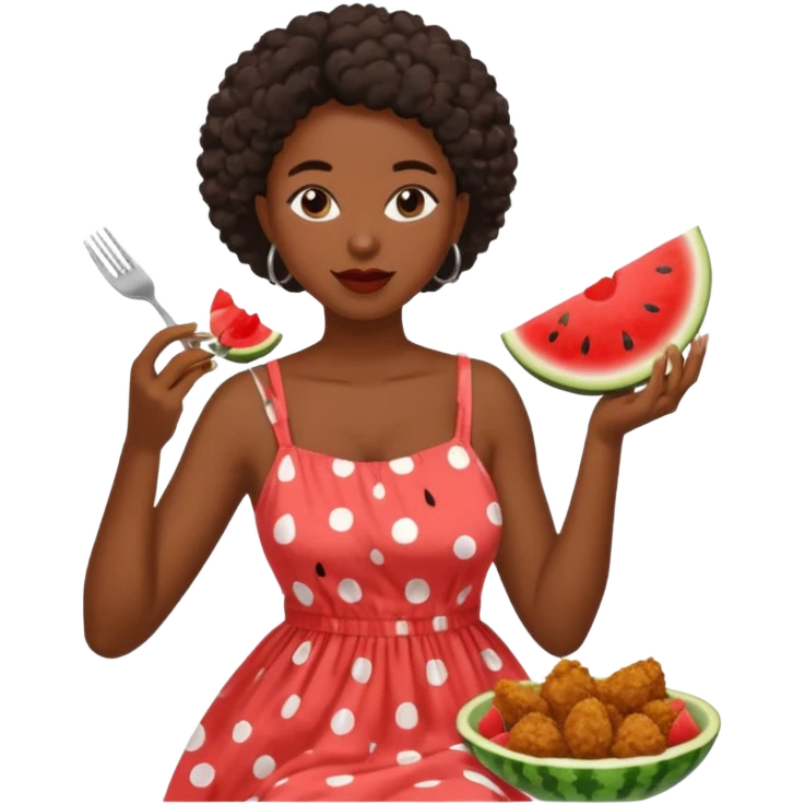 A black woman eating fried chicken and watermelon emoji