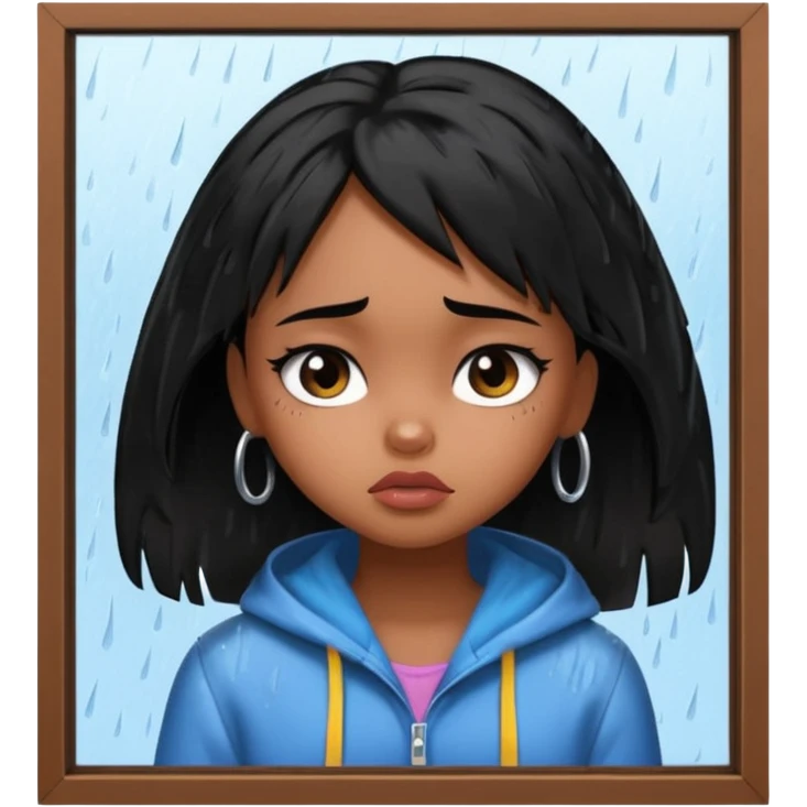 generate a pretty bratz brown skinned girl with messy black hair looking out of the rainy window, looking very sad. SIDE ANGLE emoji