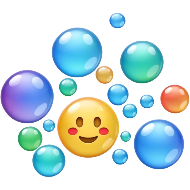3D iPhone style emoji of free-floating bubbles, scattered randomly in the air, translucent and shiny, various sizes, not contained in any circle, isolated on white background, soft shadows, high detail, NO FACE emoji