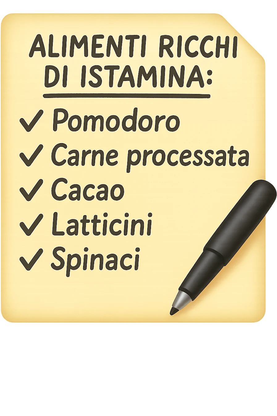 emoji di un foglio di carta con lista di alimenti ricchi di istamina scritti a penna:
ALIMENTI RICCHI DI ISTAMINA:
- Pomodoro
- Carne processata
- Cacao
- Latticini
- Spinaci emoji