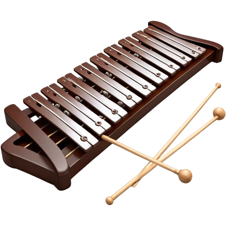 Create a detailed and professional emoji representing a Fleet FLT-SX37 orchestral long wooden xylophone. The design should showcase the large, wooden bars of the xylophone arranged in a traditional layout, with a polished, smooth finish. The bars should be dark brown or mahogany, with soft metallic reflections on the resonators underneath. Include two mallets with rubber or wooden heads resting on the bars, emphasizing their role in striking the notes. The xylophone should have a sophisticated and professional appearance, with clean lines and a polished look. Add subtle musical notes or sound waves to represent the vibrant sound produced by the instrument. The background should be transparent. emoji
