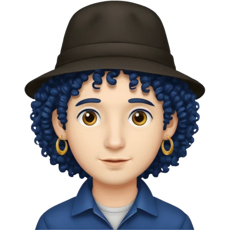 dark blue haired man curly hair and big earrings and and hat wearing emoji
