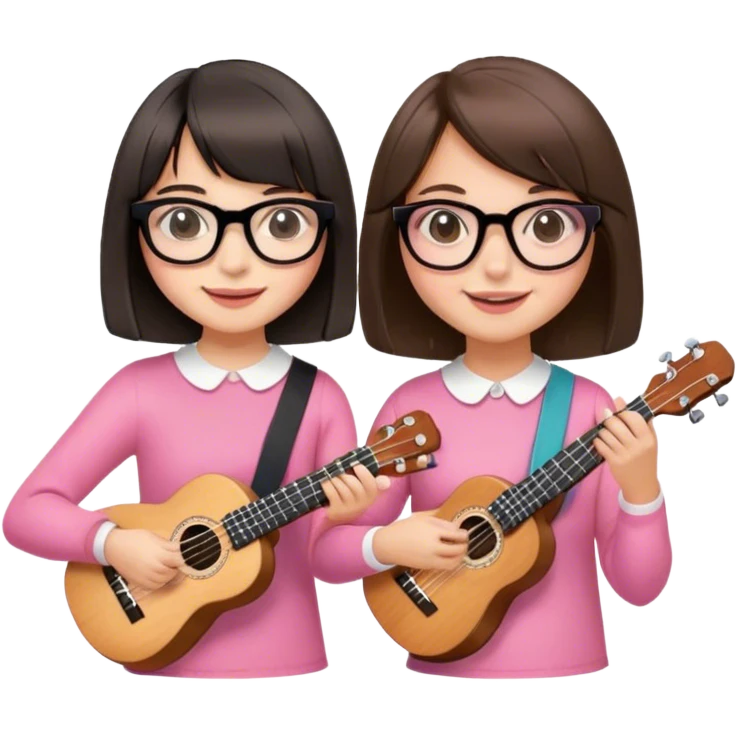 Two girls. They’re both brunettes. One is a bit taller than the other. She has a medium bob hair cut, and wears thick black glasses. The other girl has a fringe, and the hair above the shoulders. She wears pink, thin glasses. They’re both smiling. They both have an ukelele.  emoji