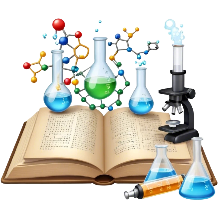 Icon for Scientific and Educational Reading: an open book with mathematical and physical formulas on the pages, with molecules and atoms flying out. On the desk are test tubes, flasks, and a microscope. Transparent background. emoji