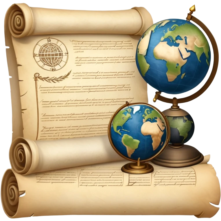 An icon featuring an ancient scroll, a quill pen, and a globe, symbolizing the study of history. The design includes a timeline with significant historical events, with ruins in the background to evoke past civilizations. Transparent background emphasizes the exploration of human history emoji