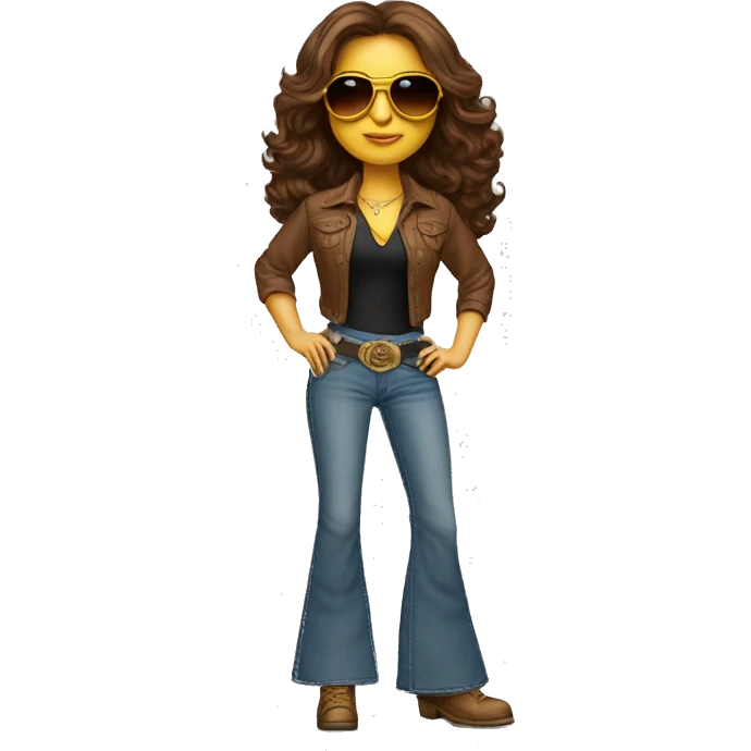 a 70's rockstar woman with bell-bottoms, long brown hair, hazel eyes, a t-shirt tucked into the bell bottom jeans and a belt. She is wearing aviators  emoji