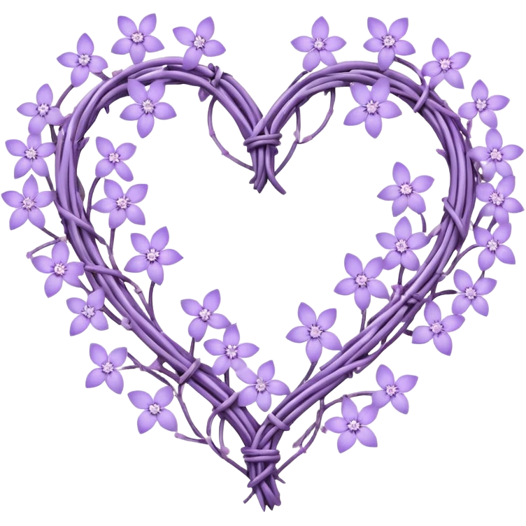 heart shape made out of barb wire vines with pastel lavender flowers and lilac flowers adorning the border with crystals hanging  emoji