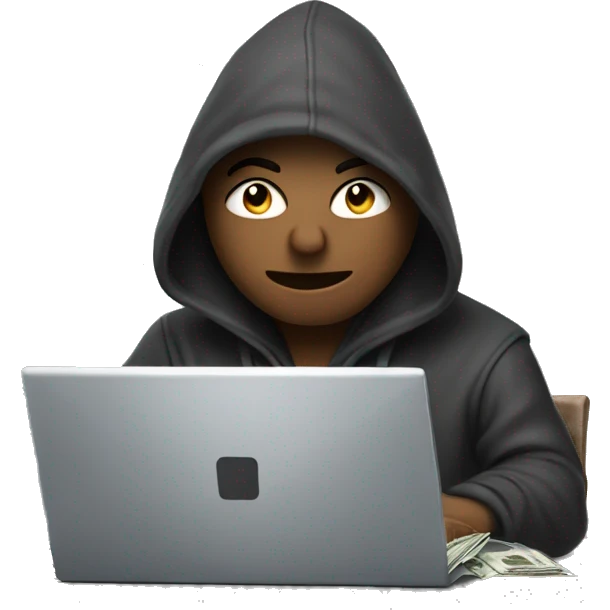 guy in a hood on a computer making money (wad of bills) emoji