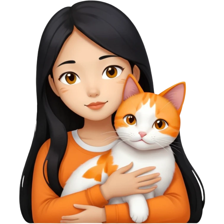 Oriental Asian girl with long black hair snuggling with an orange and white cat, cat is mostly white with orange patches, the girl is holding the cat lovingly emoji