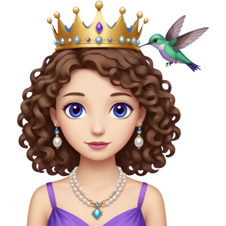 Crie dez figuras de uma menina de cabelos crespos até os ombros o cabelo castanha olhos azuis. Uma coroa na cabeça uma roupa roxa com um colar de pérolas. Com um beija flor do lado. emoji