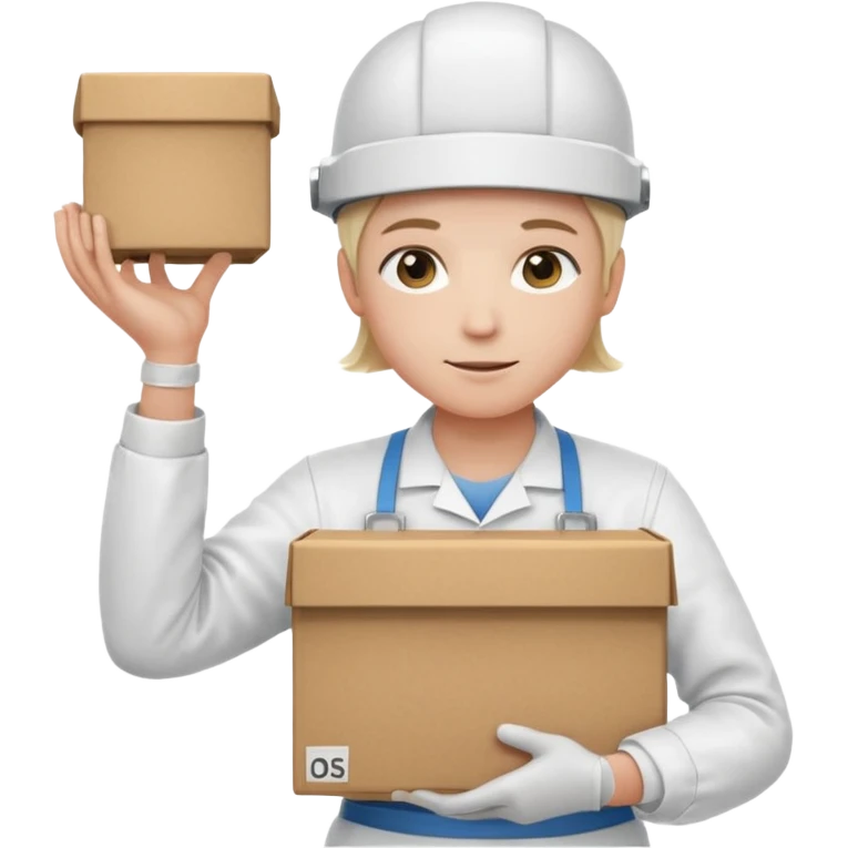 Tengo que dar una capacitacion de orgonomia, necesito un emoji de un operario con casco blanco y delantal blanco de manga larga que levante una caja cerrada con las dos manos a la altura de los hombros. Que tenga un delantal de laboratorio no de coina  emoji
