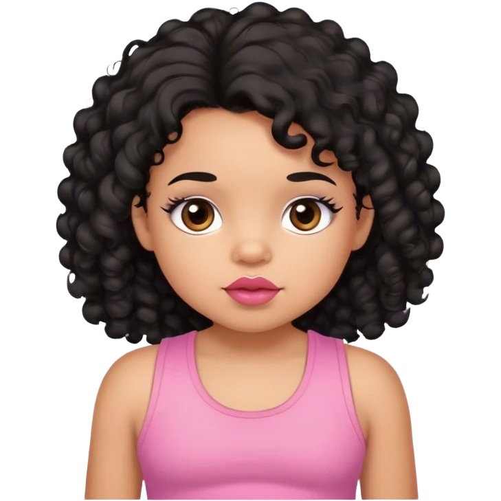 light brown skin tone, very adorable toddler, with big plump lips, long long lashes, black curly long hair, brown eyes, pink tank top emoji