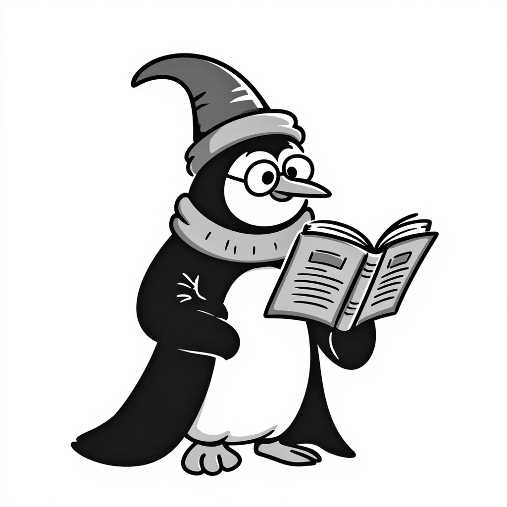 a wise penguin wizard with glasses, a long beard, and a book of spells, hand-drawn style emoji