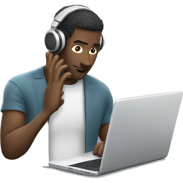 man in headphones talking hold laptop and phone only upper part of body  emoji