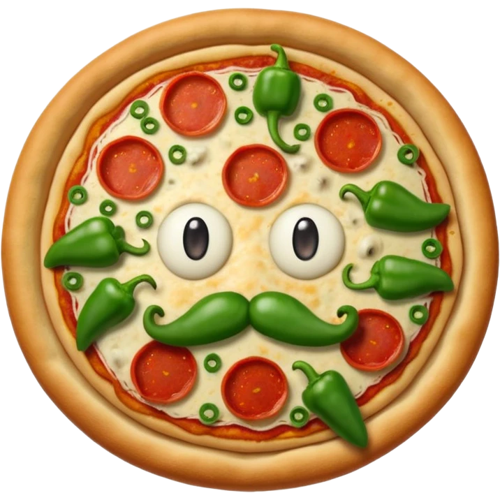 Complete Pizza with two red pepperoni eyes, a mushroom nose, and a mouth, mustache, and eyebrows made out of green peppers emoji