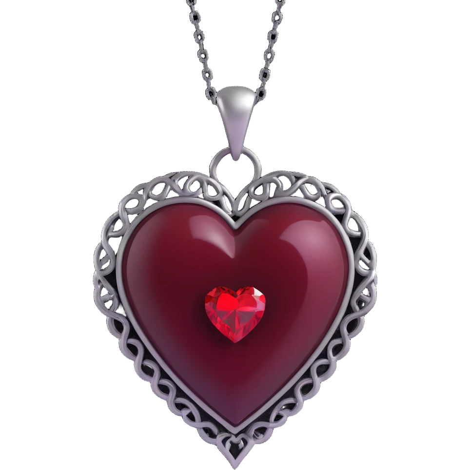 3D emoji gothic heart, black velvet texture, silver chain, blood red gemstone, ornate and dramatic style, smoky aura emoji