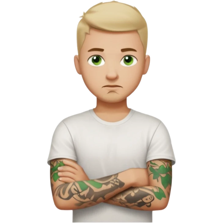 White young man with short dark taper fade hair cut and slight goatee and neutral expression with his arms folded. Green eyes and arm tattoos emoji