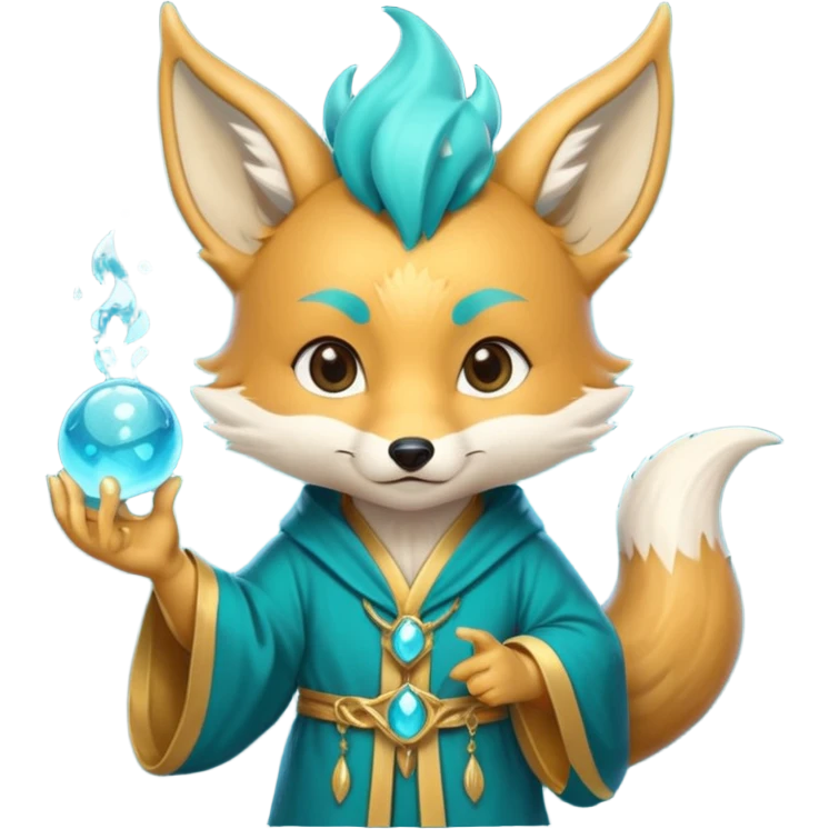 Chibi teal fox with small antler horns, confident magical expression, gold mark on forehead, teal-gold robe, holding glowing blue water orbs, with dragon tail with small antler horns emoji