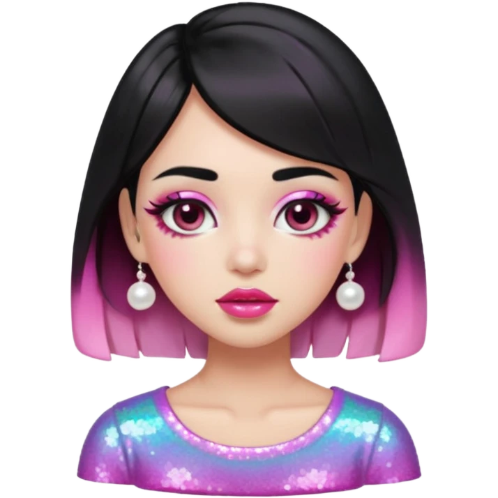 “black hair Emoji girl, glossy pink eyelids, ombré cherry lips, soft contour, subtle glitter under eyes, pearl hair clips, trendy hairstyle, iridescent modern top.” emoji