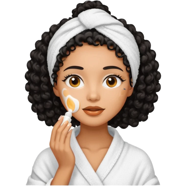 Mixed-race woman with glowing caramel skin and black curly hair, in a white towel wrap, applying face cream in front of a soft pastel background emoji