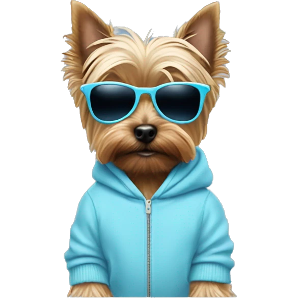 Yorkshire terrier dog with a pastel blue hoodie and pastel blue sunglasses emoji