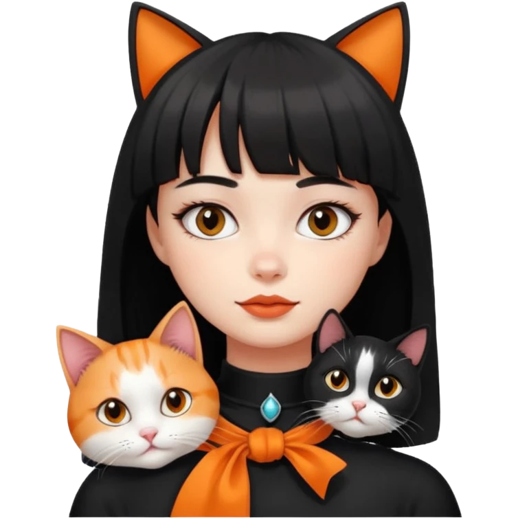 a girl with a short black curtain bangs hair and with her 2 cat color white black cat and orange white cat laying on her neck emoji
