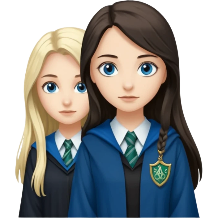 a pretty ravenclaw girl with long dark brown hair and blue eyes standing with a hot Slytherin girl with long blonde hair, blue eyes emoji