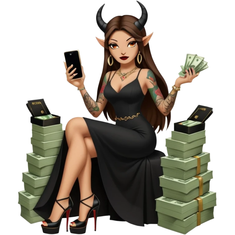 Sensual queen long brown straight haired mafia woman with black shiny platform high heels on her feet,  and black devil horns on her head, tattoos on arms , holding a stack of cash, has a phone in other hand. Sitting on a large big new model F350 pickup truck  long black dress with  slit emoji