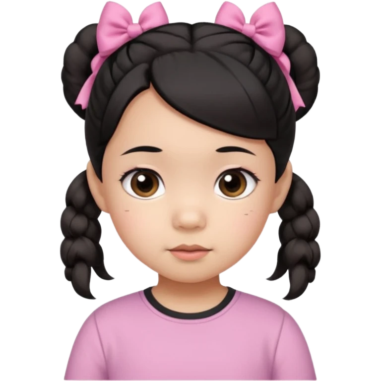 mixed 1 year old girl asian and american with short pigtails and cute bows i dark brown/black hair with big brown eyes emoji in a pink shirt emoji