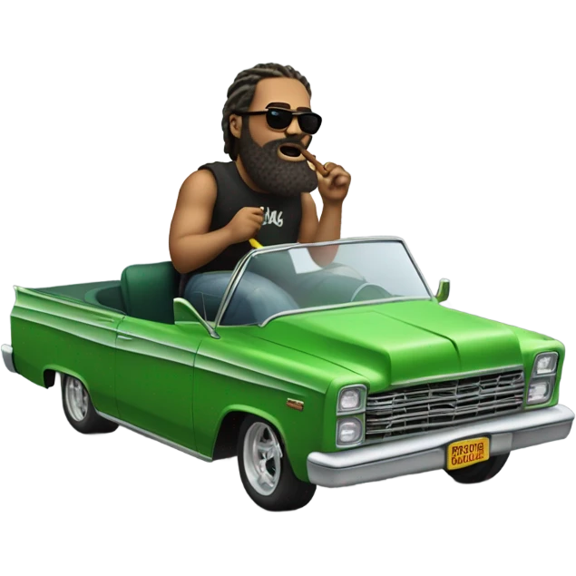 realistic portrait of bearded man puffing, big clouds while riding in a green Lowrider emoji