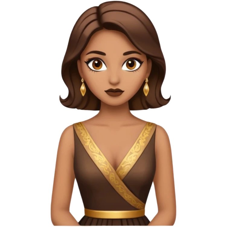 Woman using a long elegant dress. She has medium skin tone and a brown with gold makeup emoji