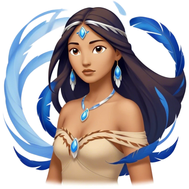 Cinematic Elegant Pocahontas Portrait Emoji, Standing serenely with a blue wind swirl around her, soft feathers in her hair, a tranquil yet powerful gaze, beauty beyond time, an ethereal aura of connection with nature, regal and enchanting! emoji